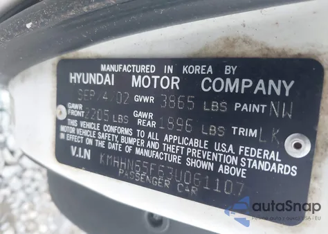 2003 Hyundai Tiburon Gt V6 z USA, uszkodzony, nr VIN KMHHN65F63U061107